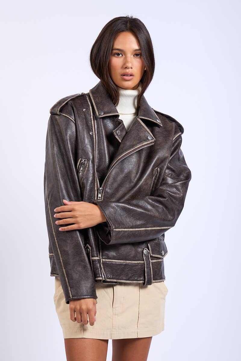 Washed Darkbrown Oversized leather Jacket