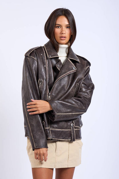 Washed Darkbrown Oversized leather Jacket