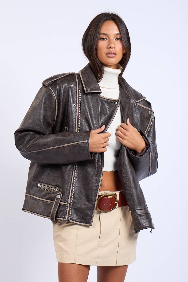 Washed Darkbrown Oversized leather Jacket